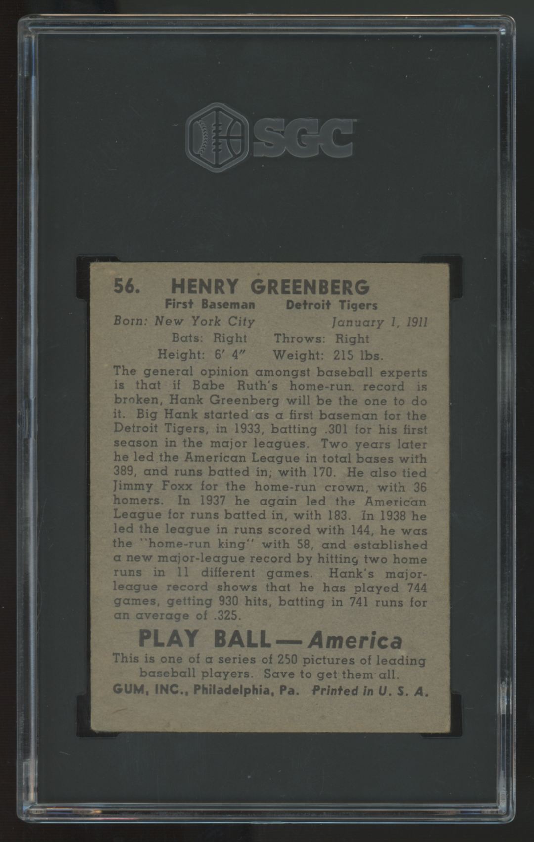 1939 Play Ball Hank Greenberg #56 SGC 3
