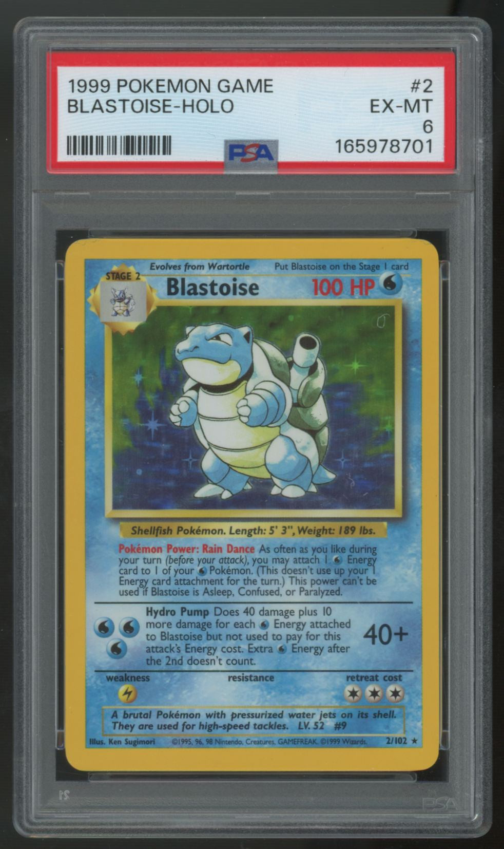 1999 Pokemon Blastoise Base Set Unlimited Holo #2 PSA 6