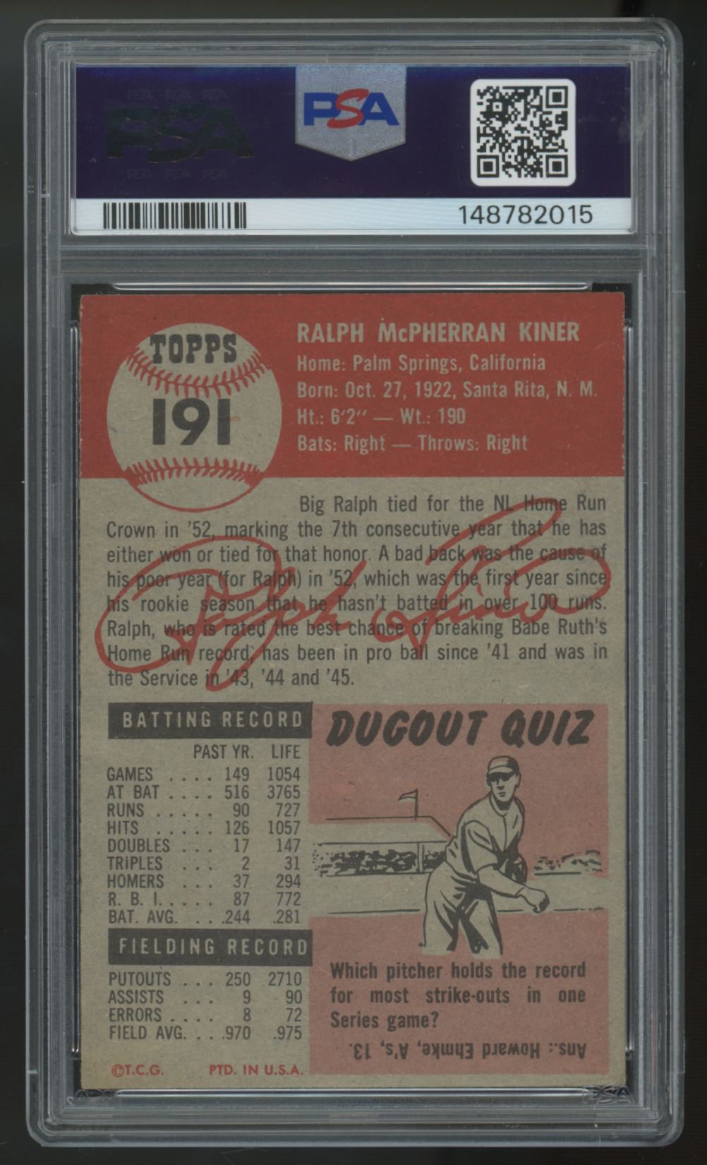1953 Topps Ralph Kiner #191 PSA 6