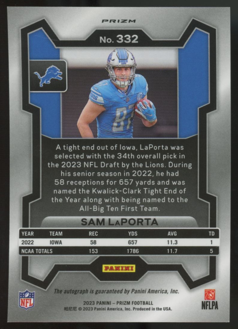 2022 Panini Prizm Sam LaPorta RC Silver Auto #332