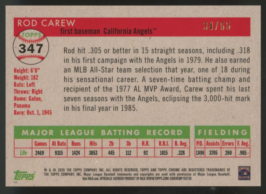 2025 Topps Chrome Platinum Anniversary Rod Carew Diamond Etch Refractor /55 #347