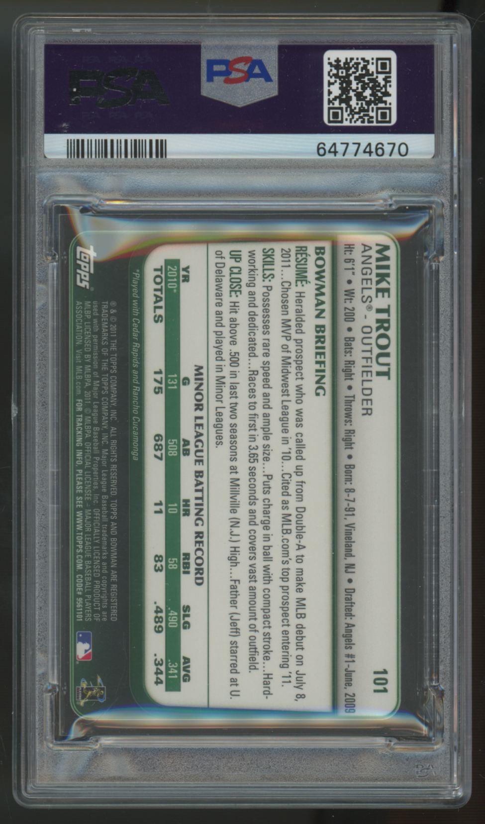 2011 Bowman Draft Mike Trout RC Gold #101 PSA 8
