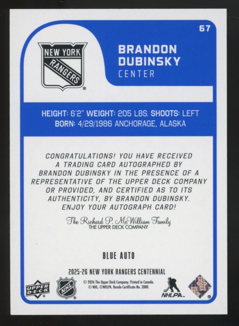 2025-26 UD New York Rangers Brandon Dubinsky Blue Auto #57