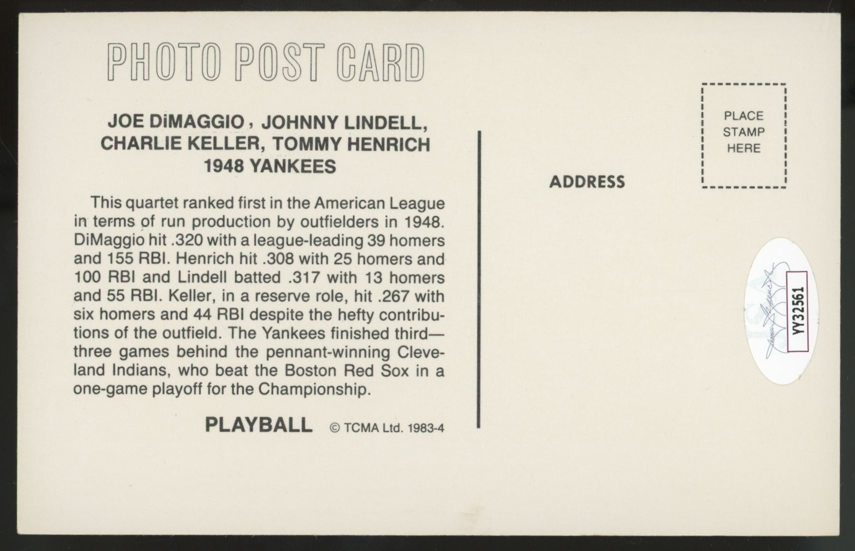 1983 Play Ball Joe DiMaggio Signed Autographed Post Card JSA Authentic