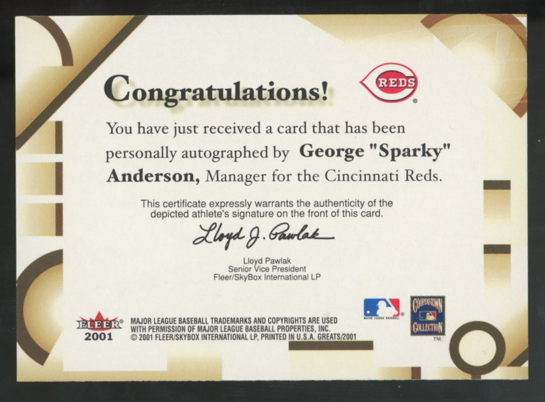 2001 Fleer Greats Of The Game George "Sparky" Anderson Auto