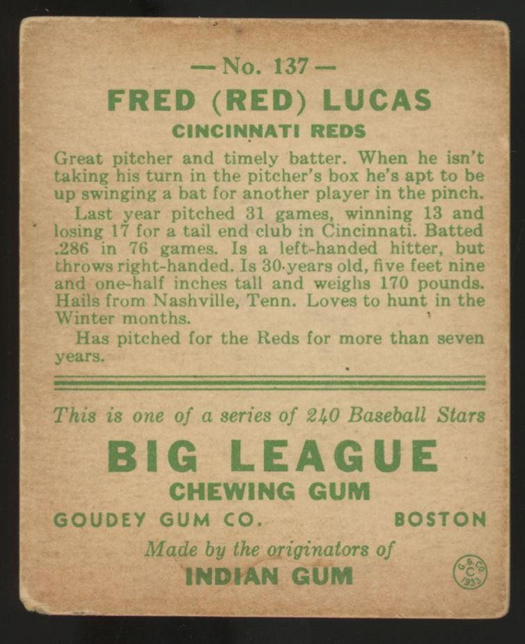 1933 Goudey Fred "Red" Lucas #137 Good