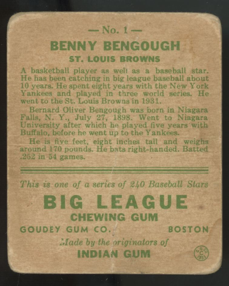 1933 Goudey Benny Bengough #1 Poor