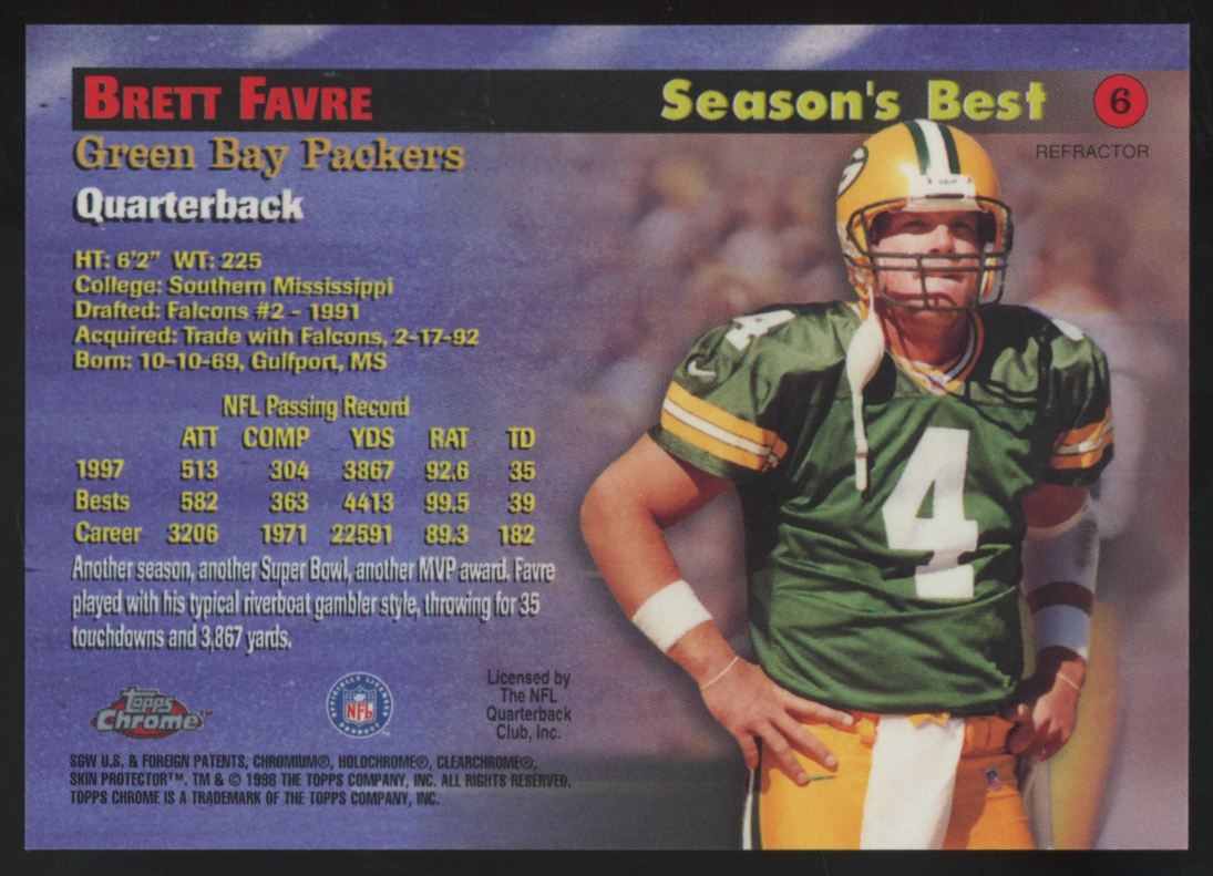 1998 Topps Chrome Brett Favre Gunslingers Season's Best Refractor #6