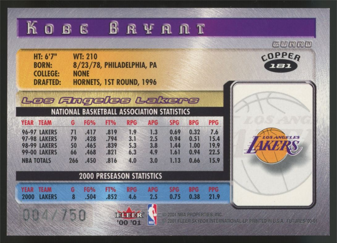2000-01 Fleer Futures Kobe Bryant Copper /750 #181