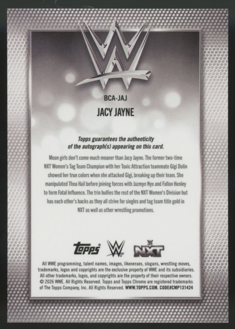 2026 Topps Chrome WWE Jacy Jayne Gold Geometric Refractor Auto /50 #BCA-JAJ