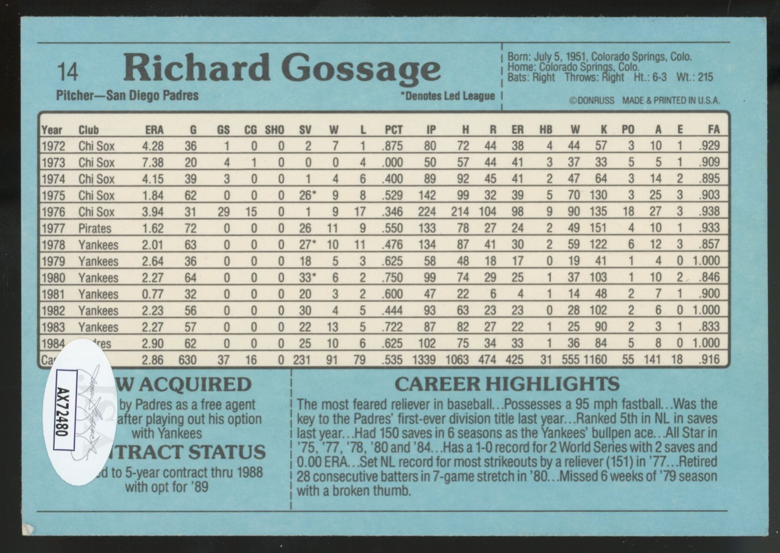1985 Donruss Action All-Stars Goose Gossage Signed Autographed #14 JSA Authentic