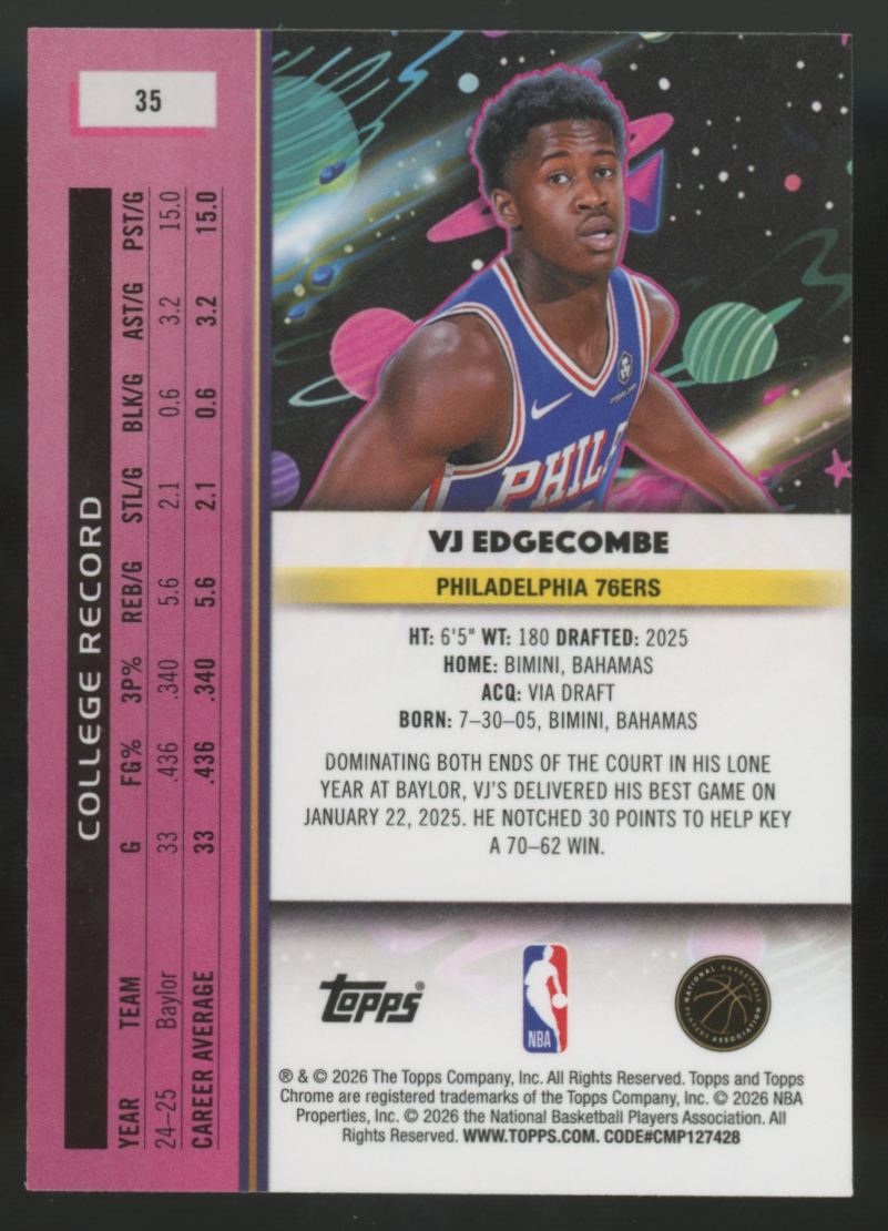 2025-26 Topps Chrome Cosmic VJ Edgecombe RC Aqua Equinox Refractor /199 #35