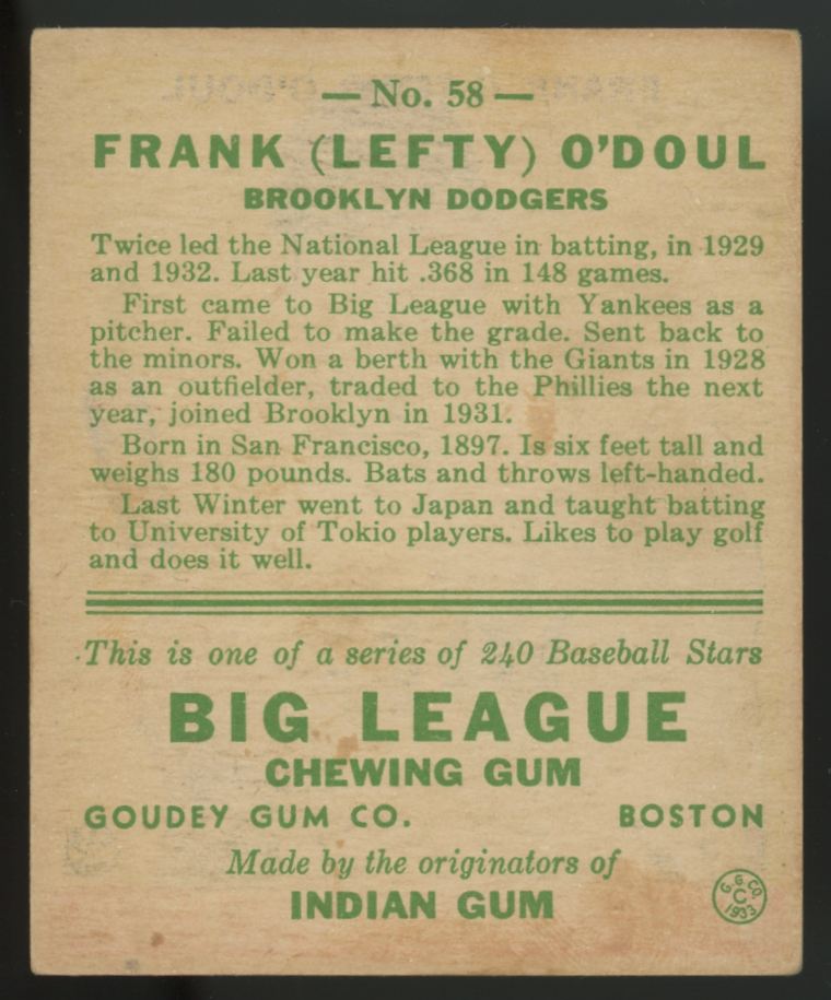 1933 Goudey Frank "Lefty" O'Doul #58 VG-EX Centered