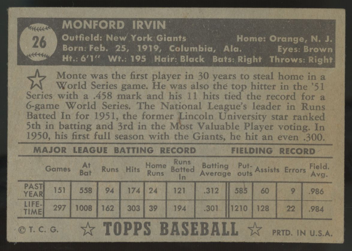 1952 Topps Monty Irvin Black Back #26 VG