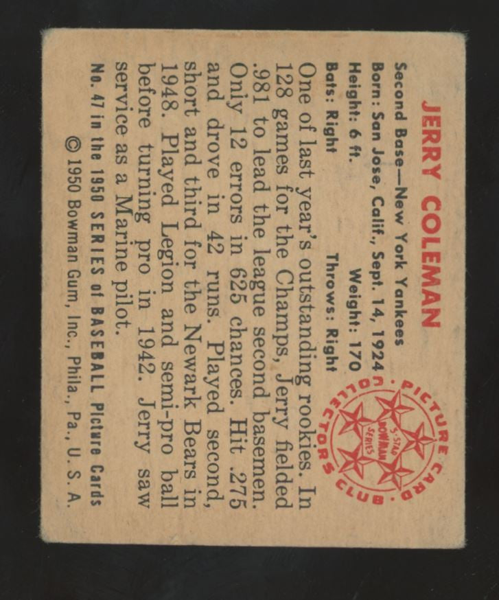 1950 Bowman Jerry Coleman #47 VG/EX