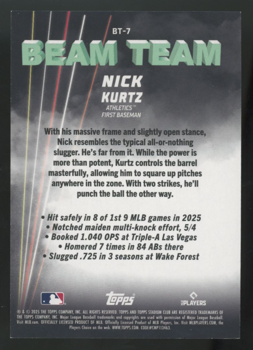 2025 Topps Stadium Club Nick Kurtz RC Beam Team SSP #BT-7
