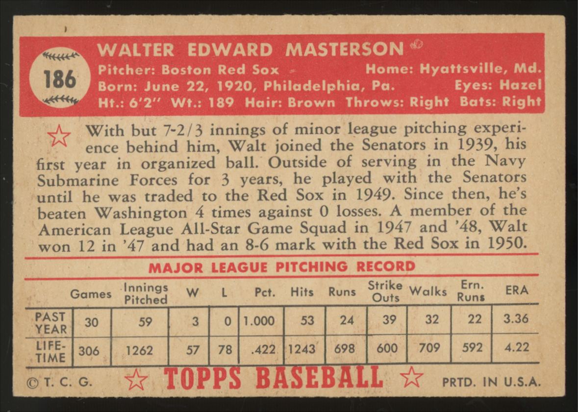 1952 Topps Walt Masterson #186 EX/MT