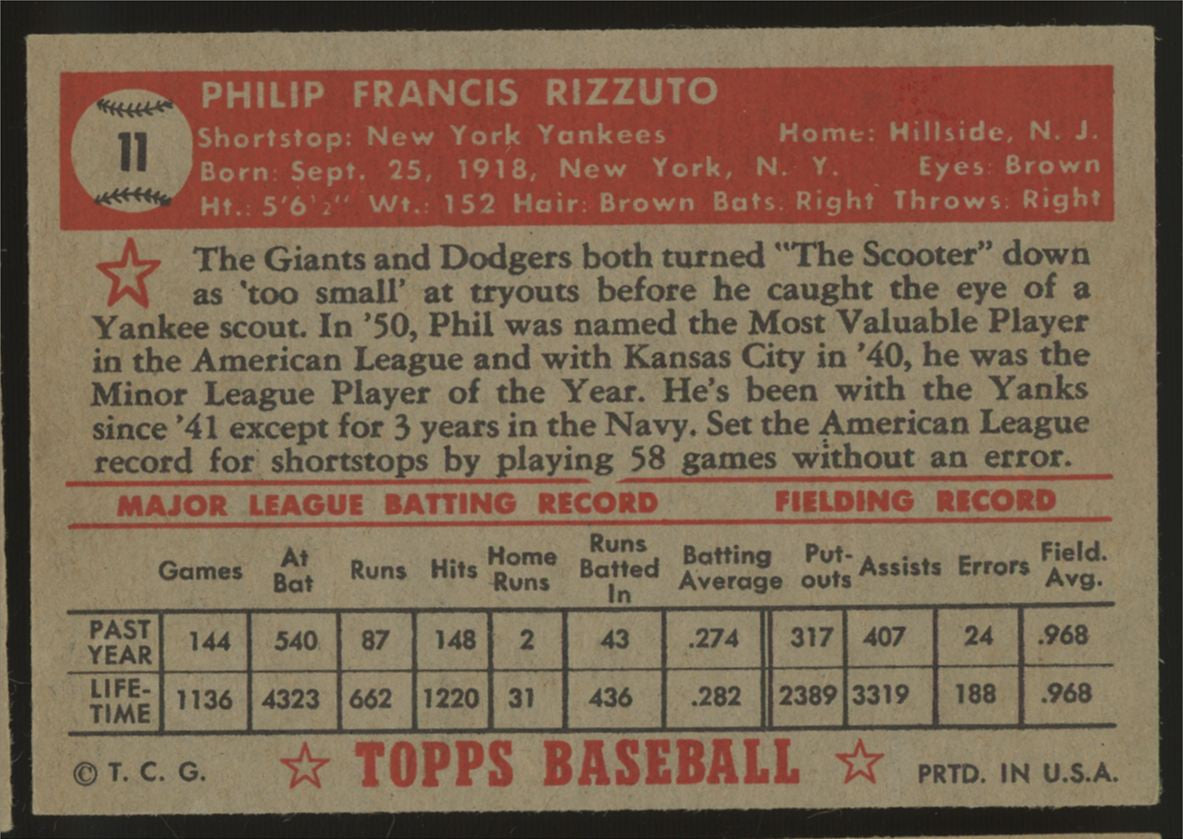 1952 Topps Phil Rizzuto #11 EX Red Back