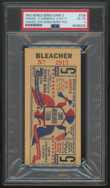1943 World Series Game 5 Ticket Stub Cardinals Yankees 10th WS Title PSA 4