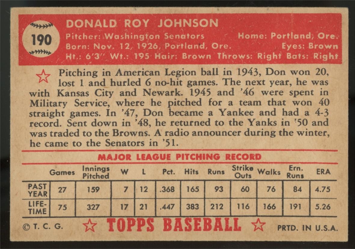 1952 Topps Don  Johnson #190 EX