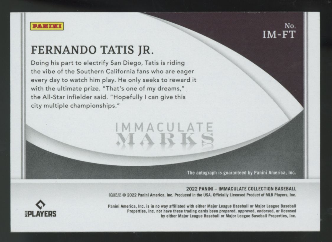 2022 Panini Immaculate Fernando Tatis Jr. Red Marks Auto /25 #IM-FT "A"