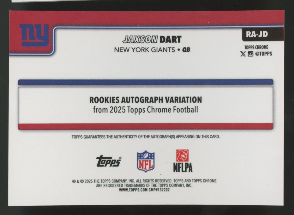 2025 Topps Chrome Jaxson Dart RC Teal Lava Refractor Auto /299 #RA-JD