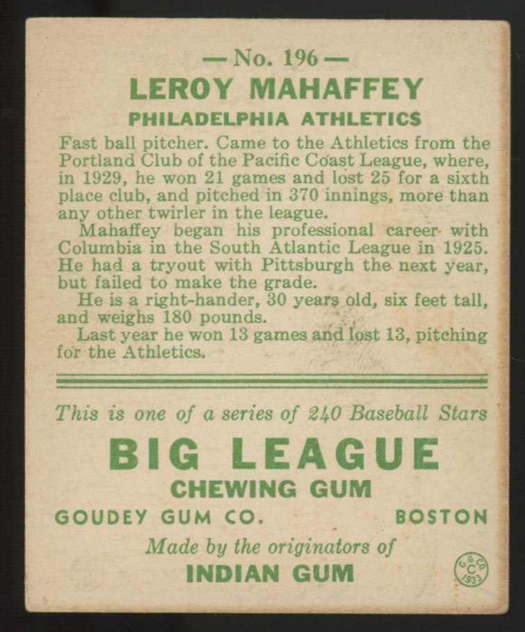 1933 Goudey Leroy Mahaffey #196 VG
