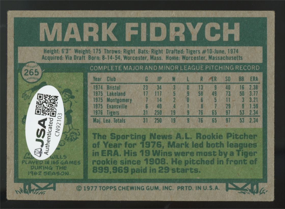 1977 Topps Mark Fidrych RC Signed Autograph #265 JSA Authentic