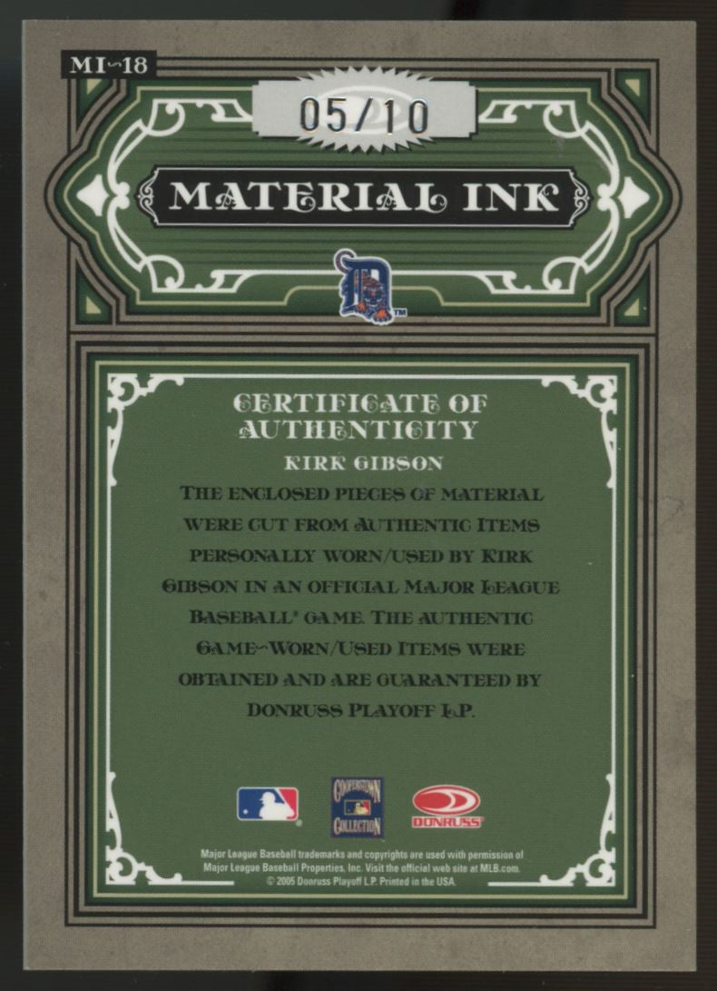 2005 Timeless Treasures Kirk Gibson Material Ink Dual Patch Auto /10 #MI-18