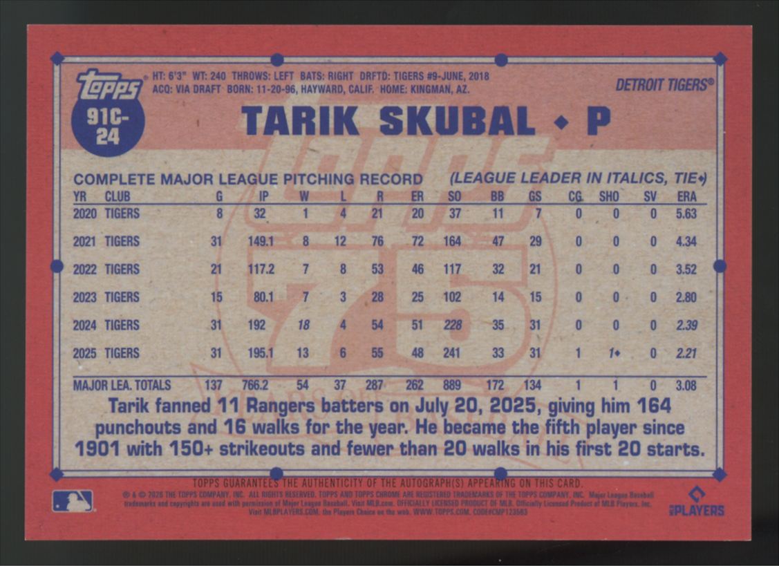 2026 Topps Silver Pack Tarik Skubal Orange Chrome 1991 Auto /25 #91C-24