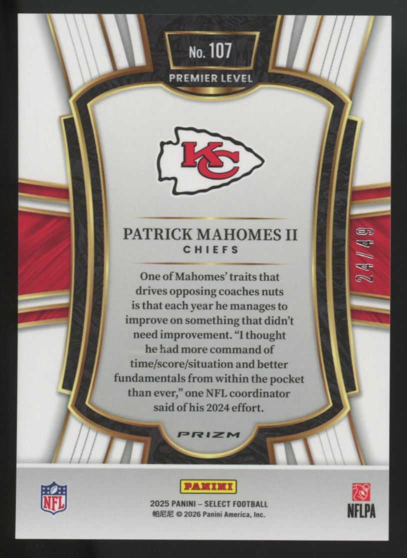 2025 Panini Select Patrick Mahomes II Premier Level Neon Green Prizm /49 #107