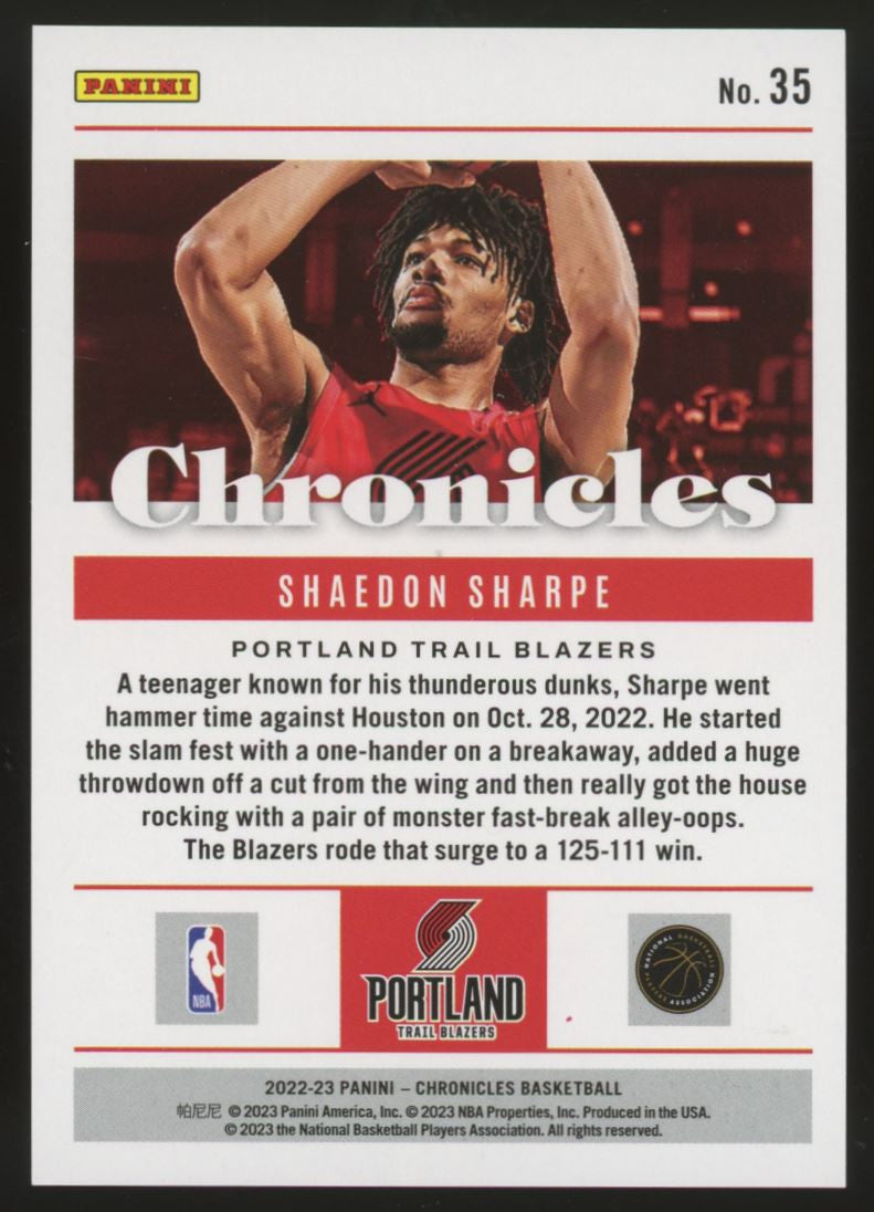 2022-23 Chronicles Shaedon Sharpe RC Jade /18 #35