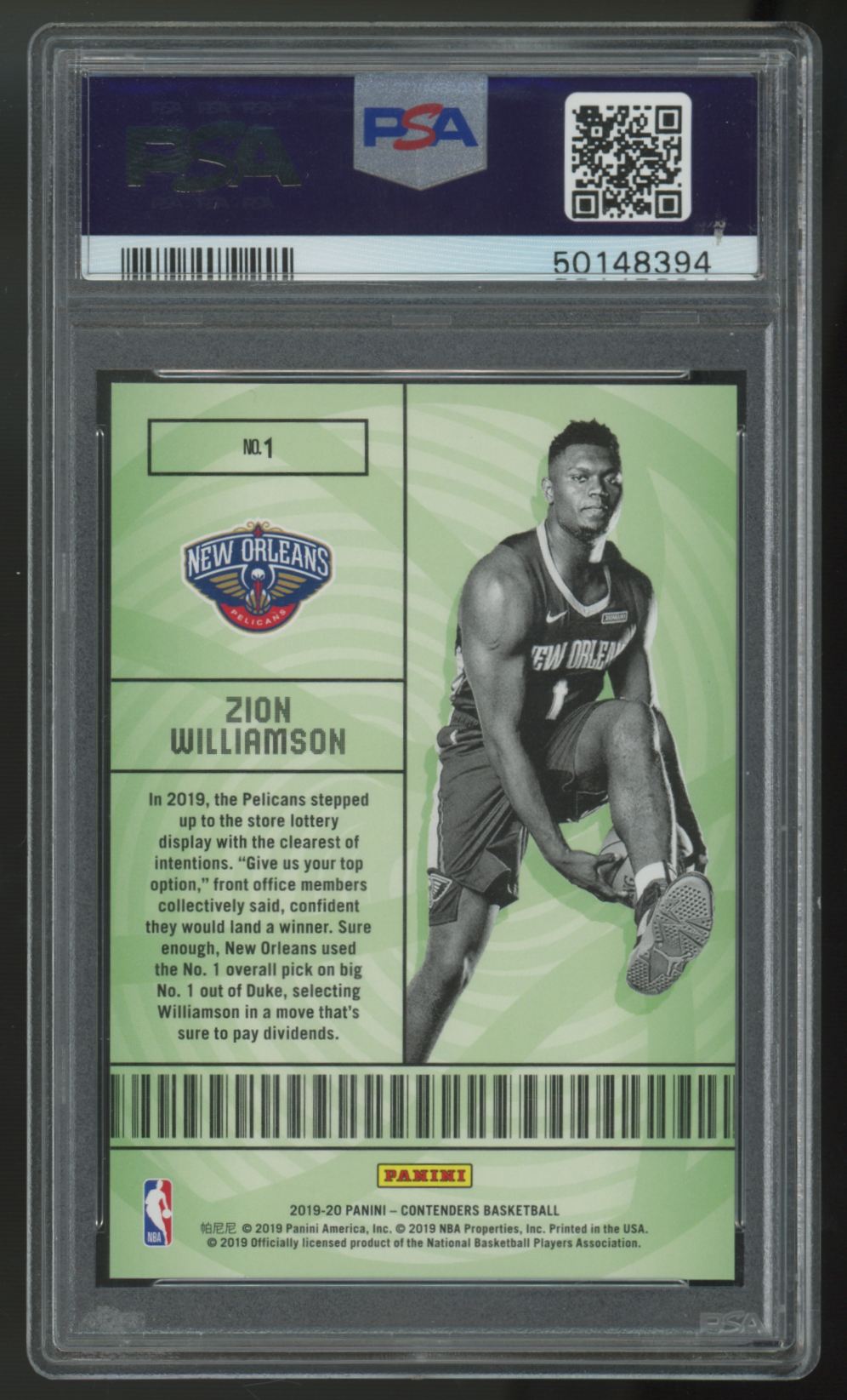 2019-20 Panini Contenders Zion Williamson Lottery Ticket #1 PSA 10