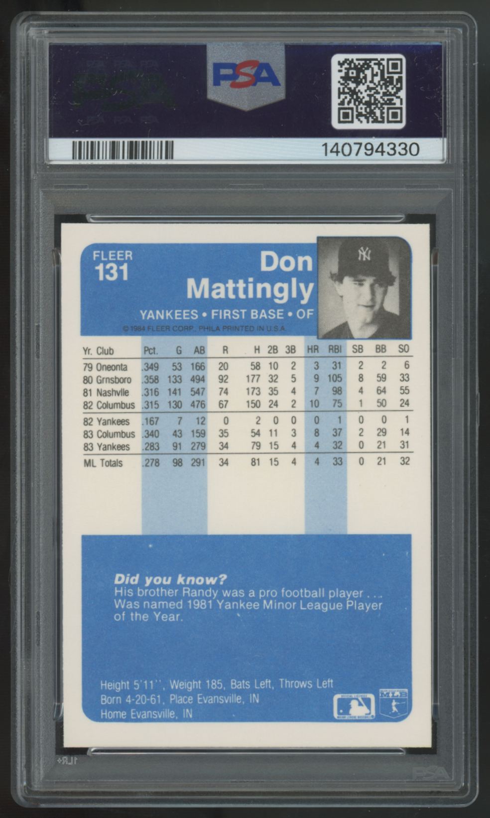 1984 Fleer Don Mattingly RC #131 PSA 6