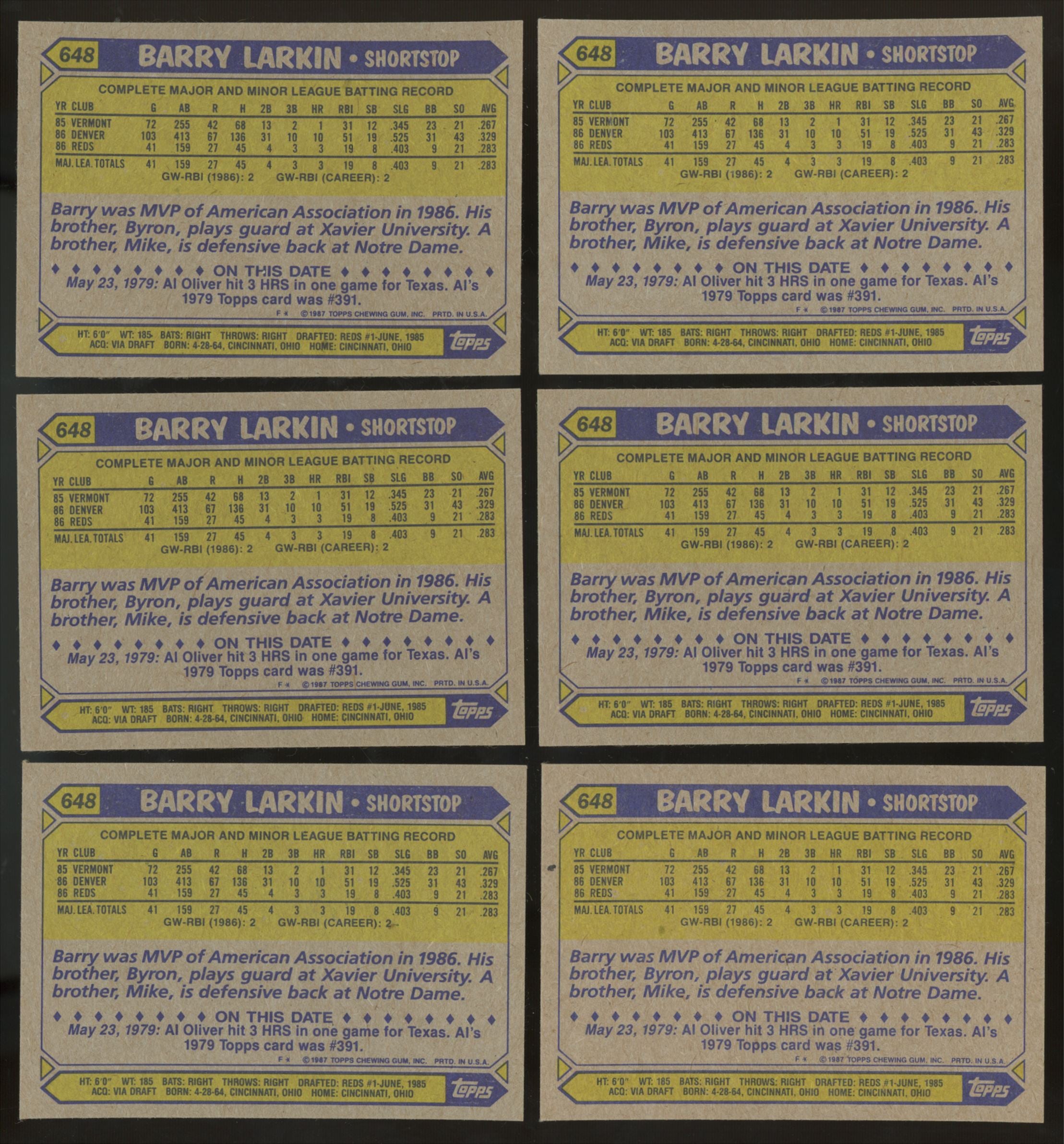 1987 Topps Barry Larkin RC #648 (Lot of 50)
