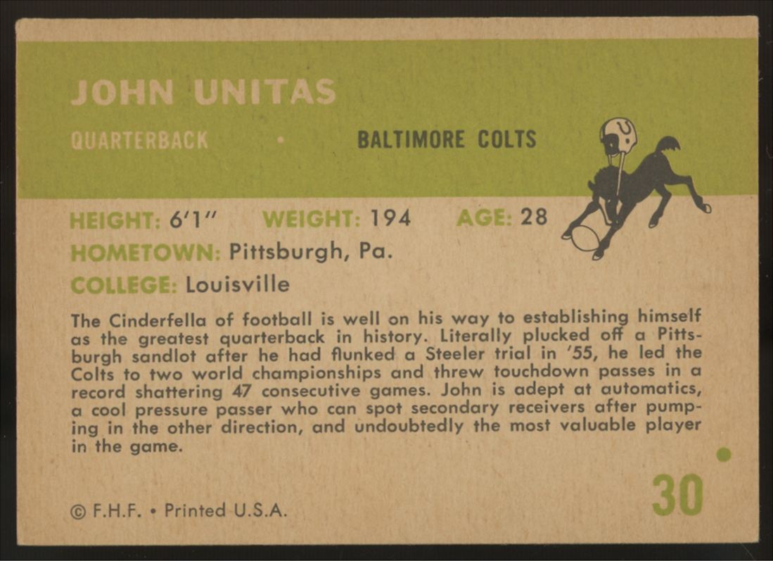 1961 Fleer Johnny Unitas #30 VG-EX