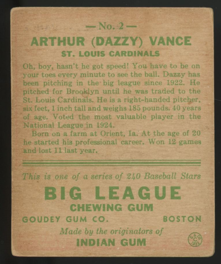 1933 Goudey Arthur "Dazzy" Vance #2 Good