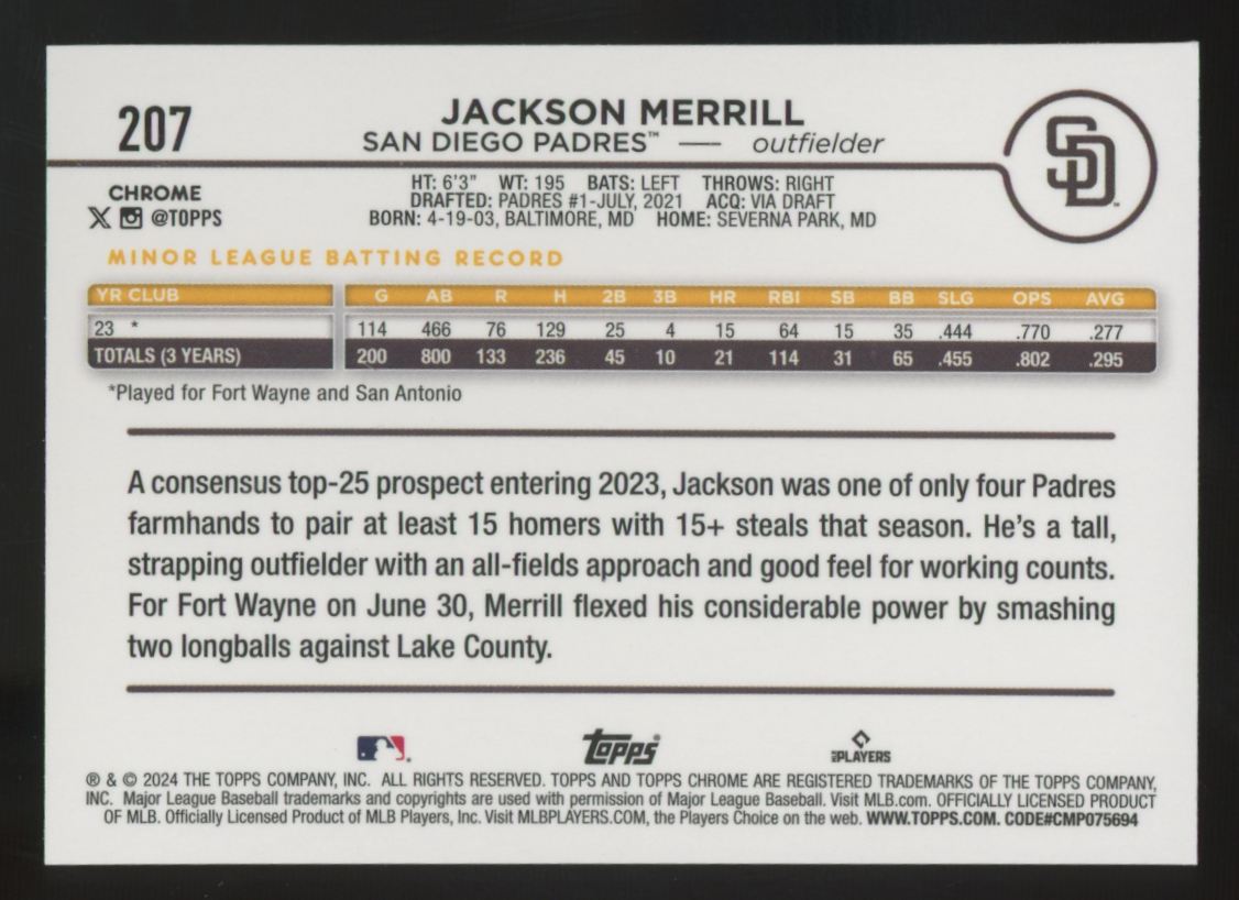 2024 Topps Chrome Jackson Merrill RC Negative Refractor #207