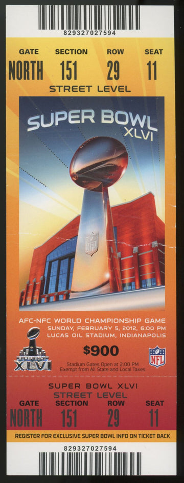 2012 Super Bowl 46 XLVI Giants vs Patriots Full Ticket (Creased)