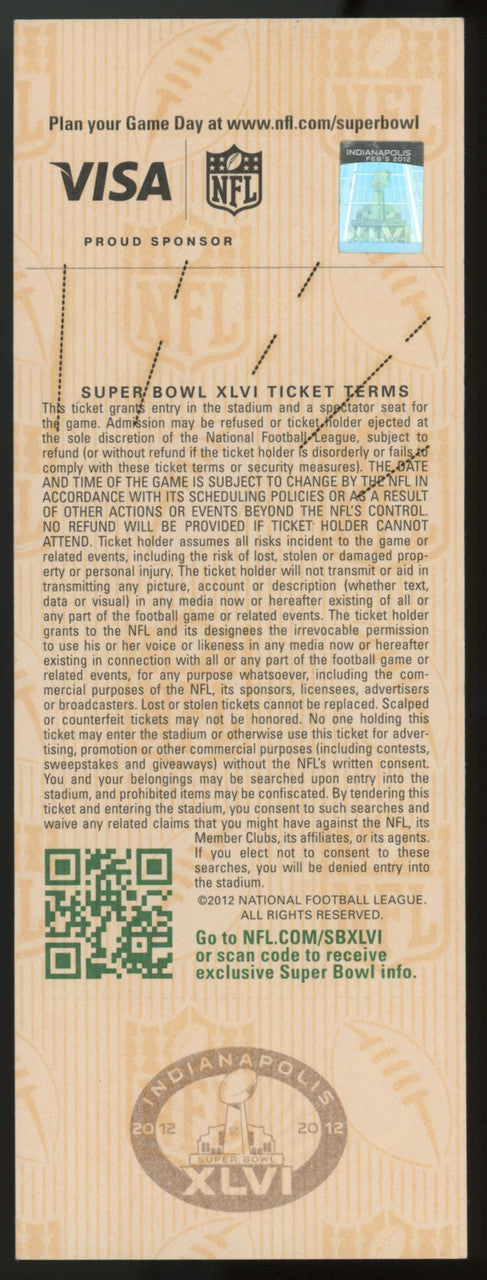 2012 Super Bowl 46 XLVI Giants vs Patriots Full Ticket (Creased)