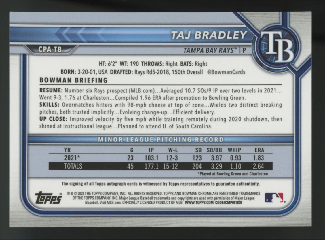 2022 Bowman Taj Bradley 1st Chrome Purple Refractor Auto /250 #CPA-TB
