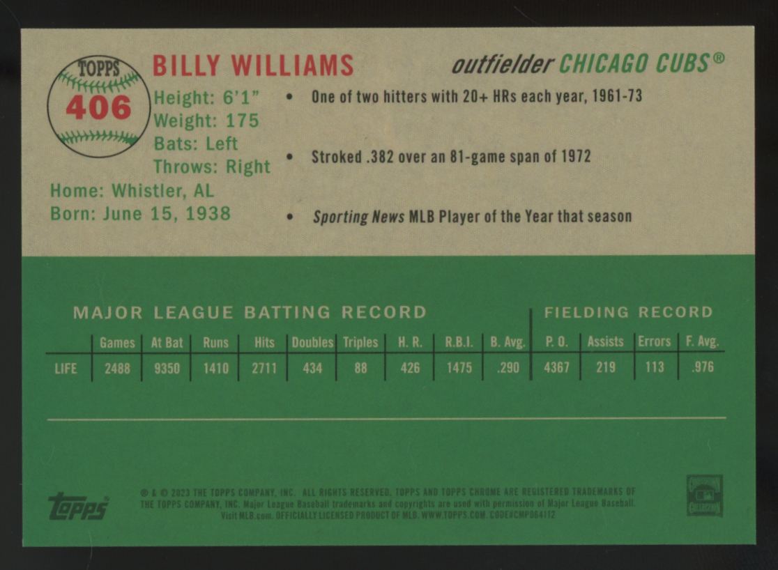 2023 Topps Chrome Platinum Anniversary Billy Williams Black Refractor /10 #406