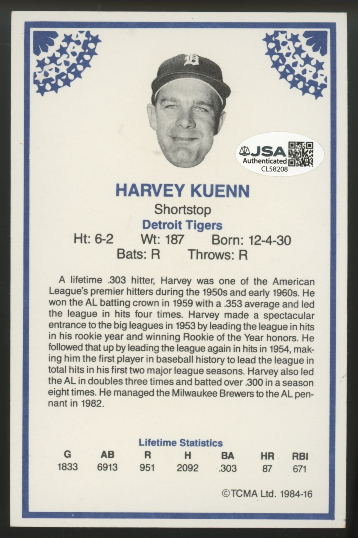 1984 TCMA Harvey Kuenn Signed IP Auto JSA Authentic