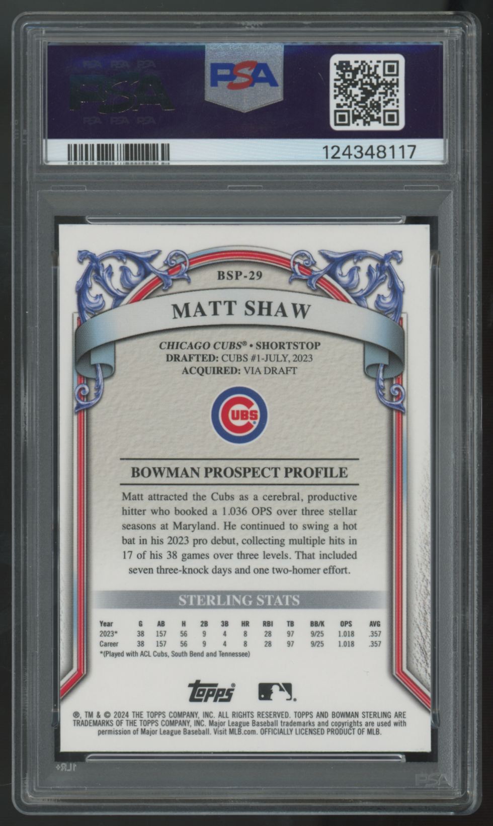 2024 Bowman Sterling Matt Shaw Prospect Gold Refractor /50 #BSP-29 PSA 10