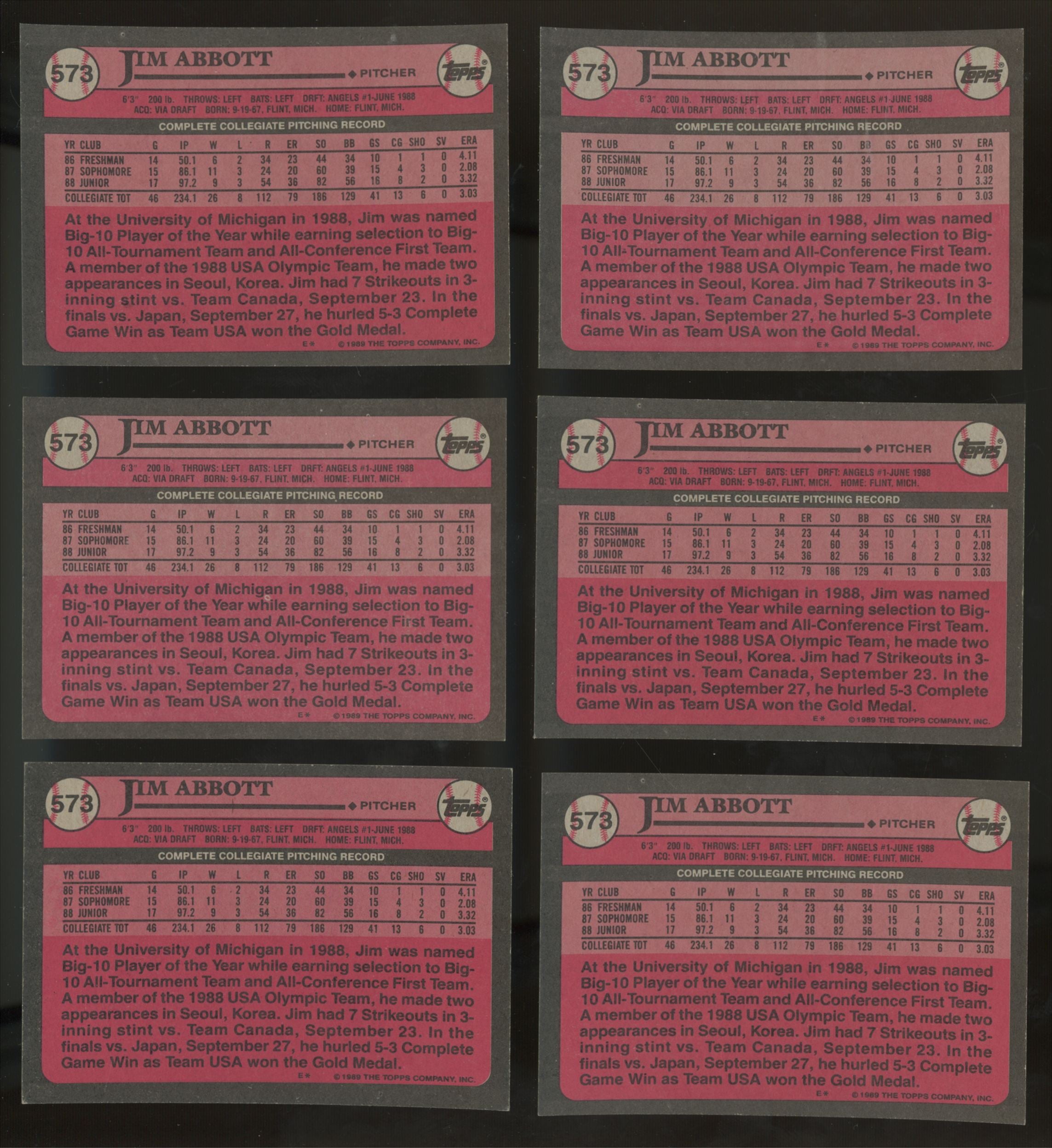 1989 Topps Jim Abbott RC #1 Draft Pick #573 (Lot Of 50) "A"