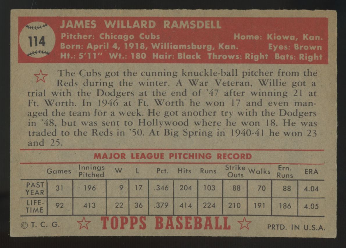 1952 Topps Willard Ramsdell #114 Good