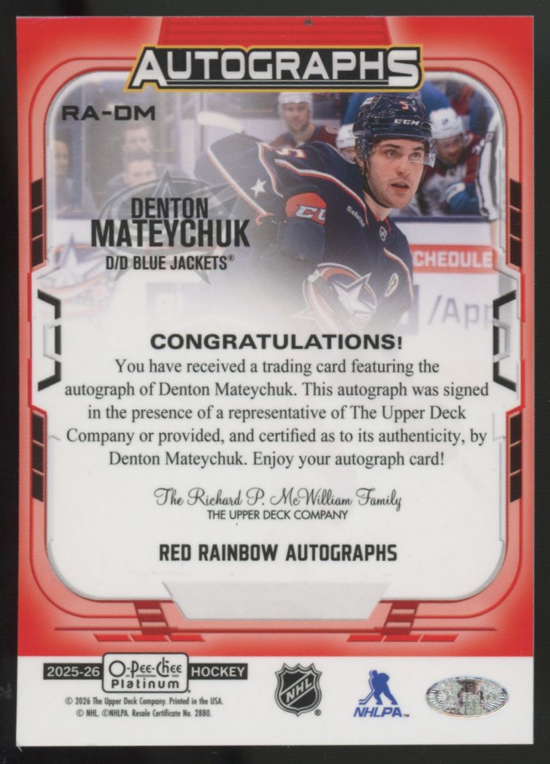 2025-26 O-Pee-Chee Platinum Denton Mateychuk Red Rainbow Auto #RA-DM