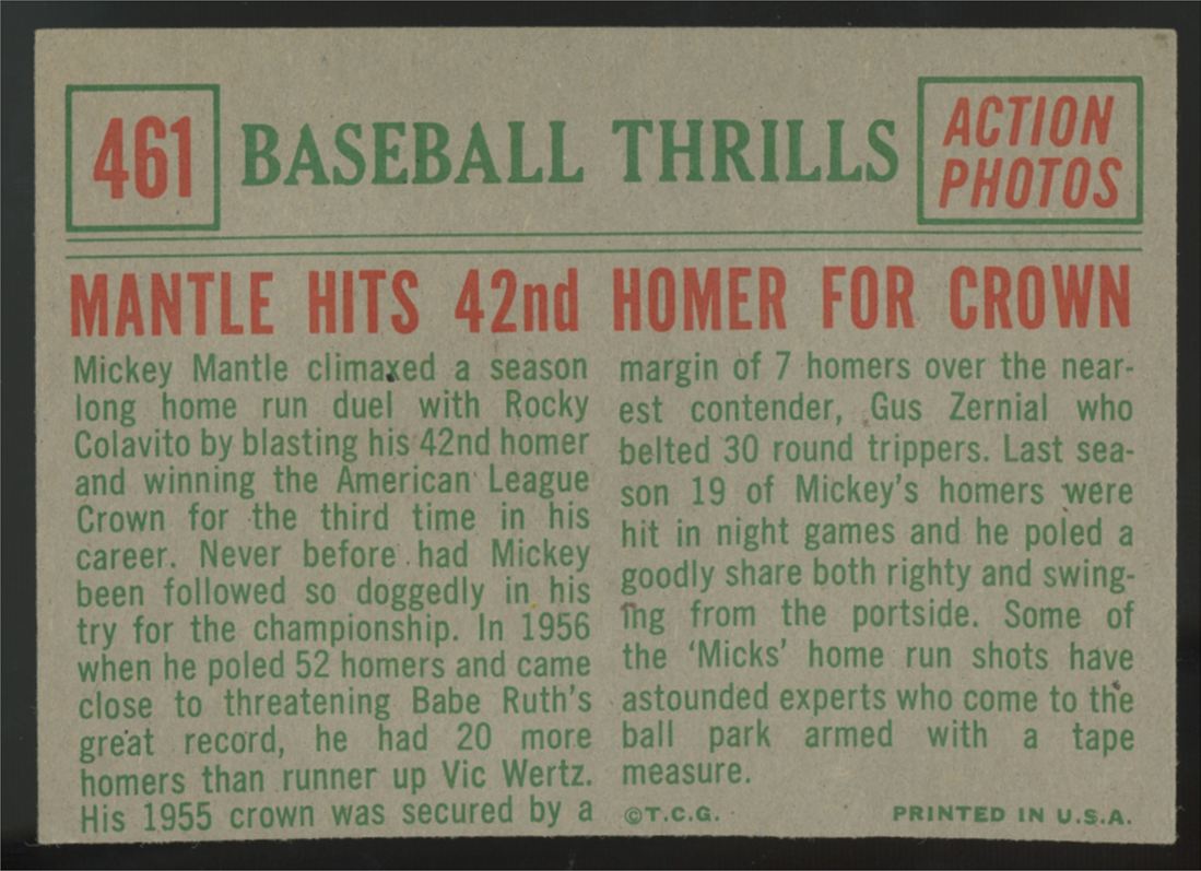 1959 Topps Mickey Mantle Baseball Thrills 42nd Homer For Crown #461 G/VG