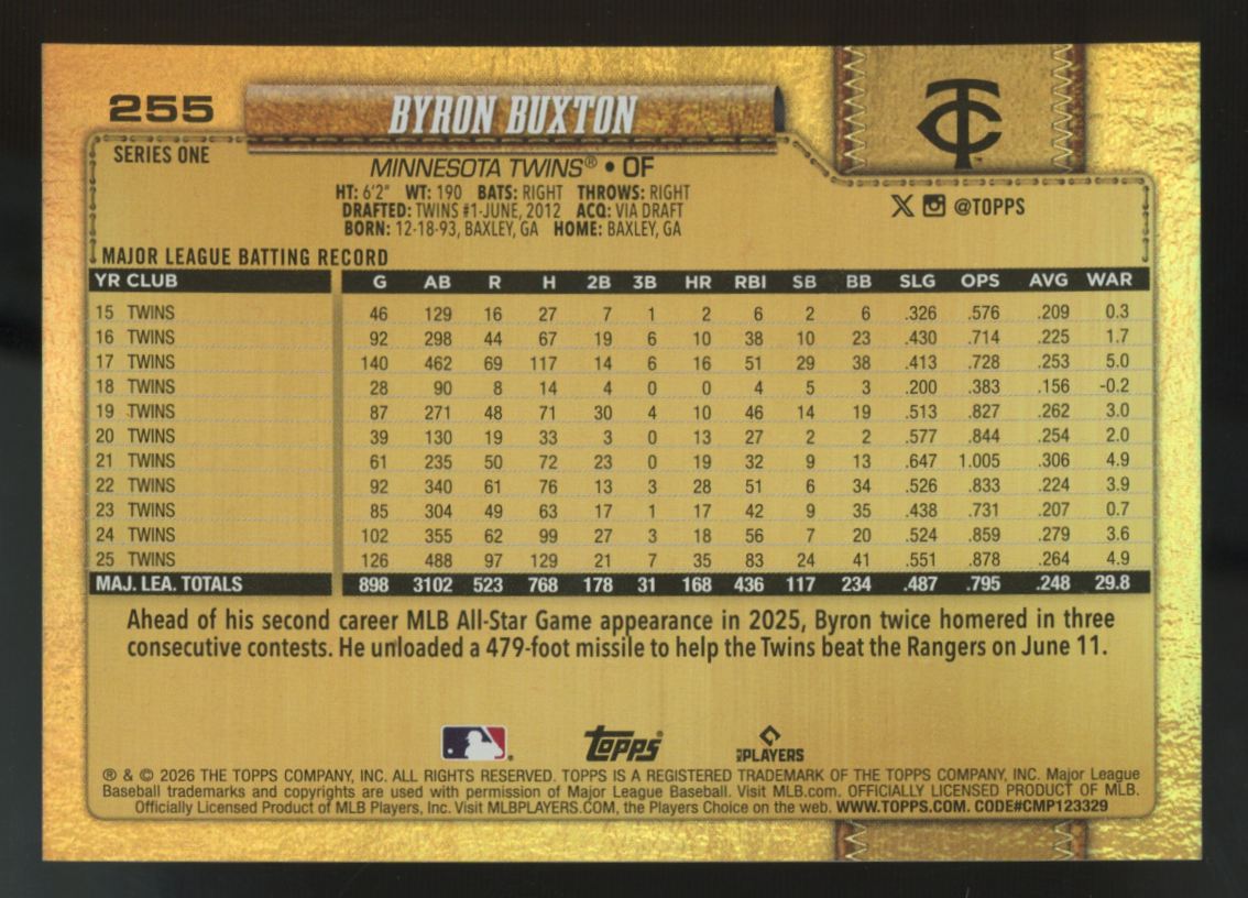 2026 Topps Series One Byron Buxton Golden Mirror Image Variation SSP #255