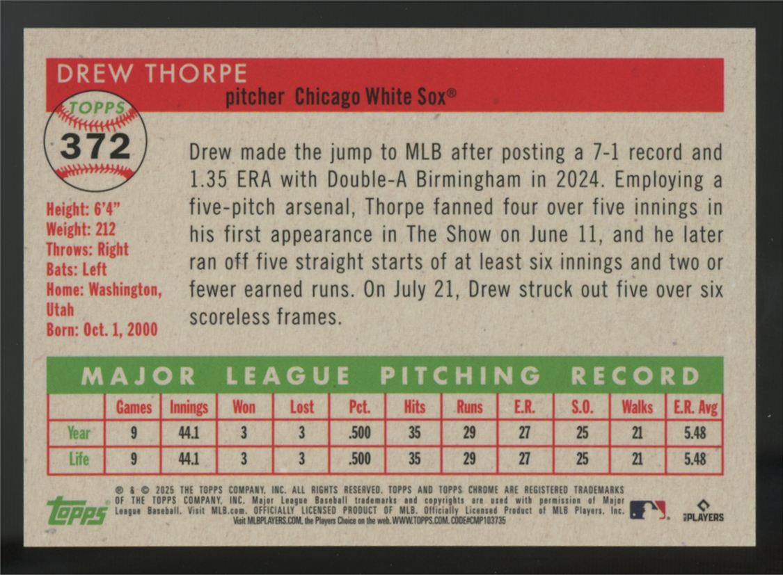 2025 Topps Chrome Platinum Drew Thorpe RC Red Vibrations Refractor /5 #372